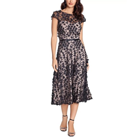 XSCAPE Dress Petite Womens Black 3D Floral Illusion Short Sleeve Lace Midi  4P - Main Image